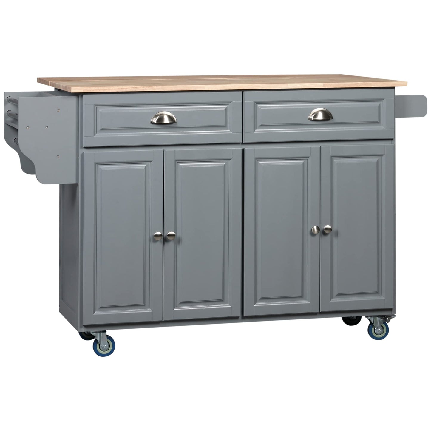 HOMCOM Rolling Kitchen Island Drop Leaf, Kitchen Cart on Wheels, Solid Wood Top Breakfast Nook with Storage Drawers, 4-Door Cabinets and Spice Rack, Dark Gray