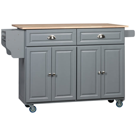 HOMCOM Rolling Kitchen Island Drop Leaf, Kitchen Cart on Wheels, Solid Wood Top Breakfast Nook with Storage Drawers, 4-Door Cabinets and Spice Rack, Dark Gray HOMCOM