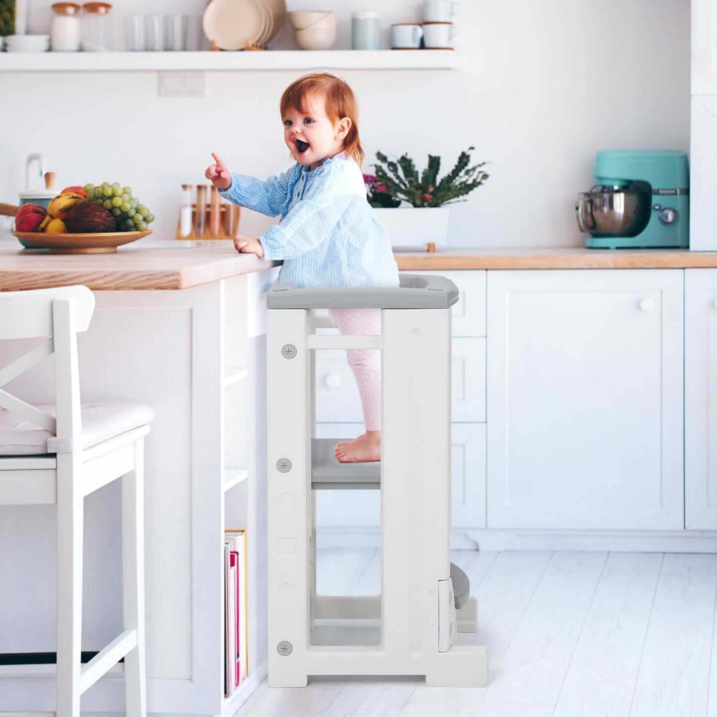 Toddler Tower Toddler Step Stool with Whiteboard & 4 Adjustable Heights, Toddler Kitchen Stool Helper with Safety Rail, Baby Standing Tower Montessori Learning Step Stools for Kids Boys Girls Children