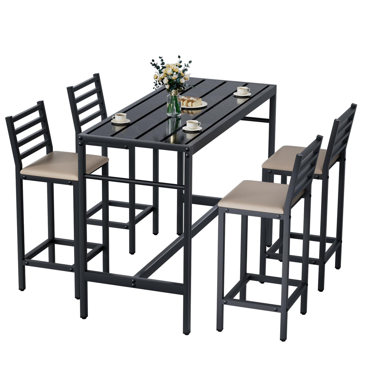 Jinrrenyi 5 Piece Outdoor Patio Bar Set, 54.7" Rectangular Counter Height High Top Bar Tables, 4 Cushioned 41" Bar Stools, Metal Bar Table and Chairs Set for Poolside, Balcony, Backyard, Porch Jinrrenyi