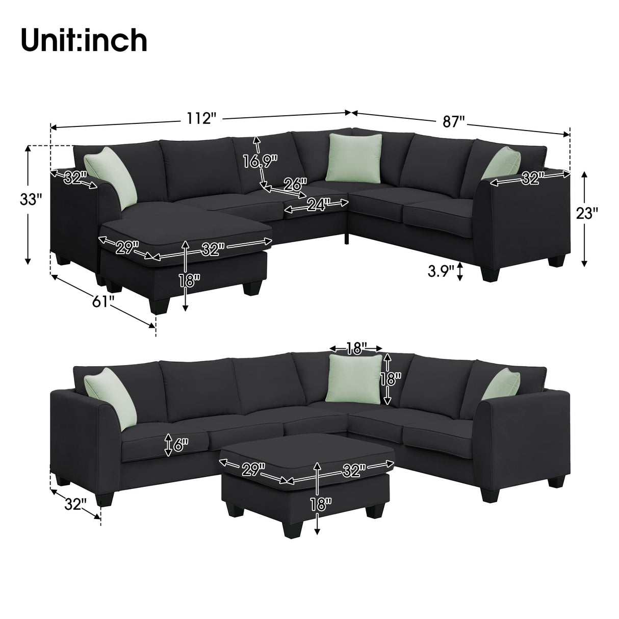 Merax Modern Large U-Shape Sectional Sofa, 7 Seat Fabric Sectional Sofa Set with Movable Ottoman, L Shape Sectional Sofa Corner Couch with 3 Pillows for Living Room Apartment,Office Merax