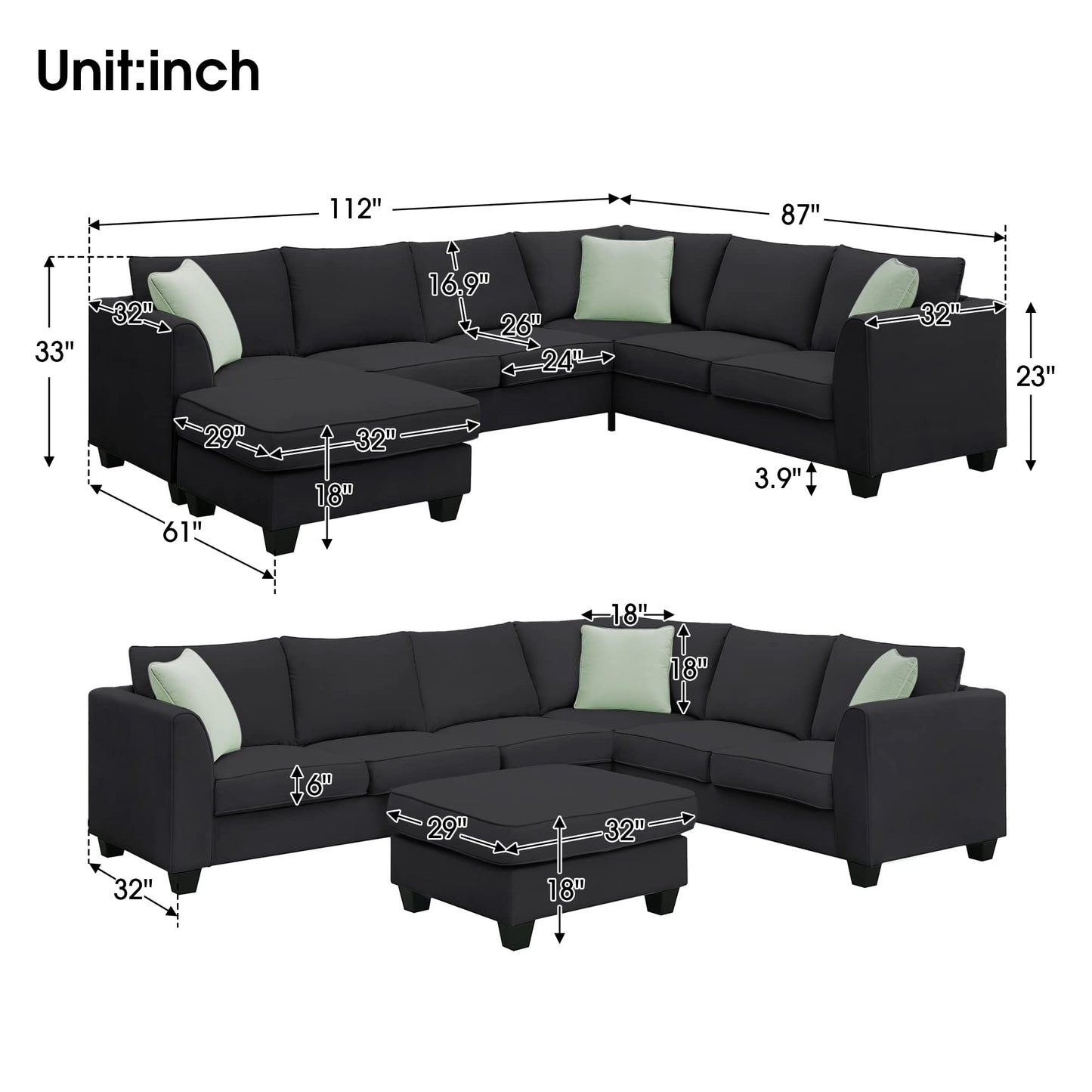 Merax Modern Large U-Shape Sectional Sofa, 7 Seat Fabric Sectional Sofa Set with Movable Ottoman, L Shape Sectional Sofa Corner Couch with 3 Pillows for Living Room Apartment,Office