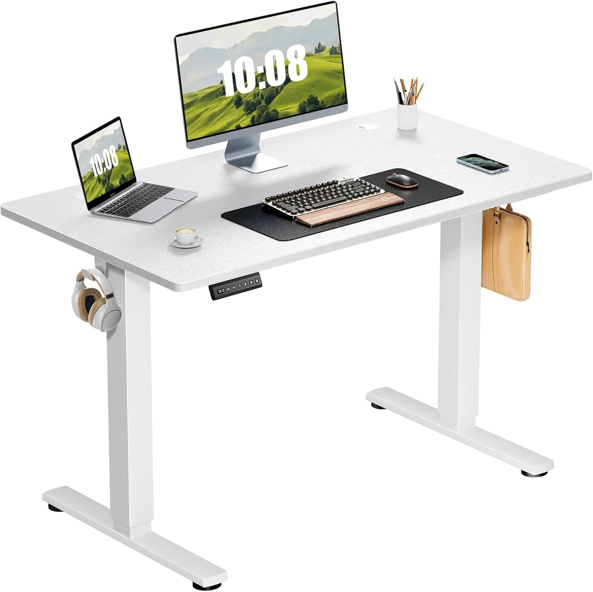 Sweetcrispy Height Adjustable Electric Standing Desk, 40 x 24 Inch Sit to Stand Up Computer Workstation Rising Gaming Office Table with 3 Memory Presets, Splice Board, T-Shaped Bracket Home Sweetcrispy