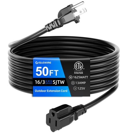 islewire 50 FT Outdoor Extension Cord Waterproof, Black, 3-Prong Power Cord, 16 AWG SJTW, 13A 1625W, Grounded, General Purpose Long Extension Cord for Lawn & Garden, ETL Listed islewire