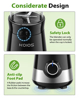 KOIOS Smoothie Blender, 900W Blenders for Kitchen with 27oz No-BPA Portable Bottles and Spout Lids, 3 Modes Personal Mixer Blender for Shakes Smoothies Frozen Drinks, Nutritious Recipe, Black KOIOS