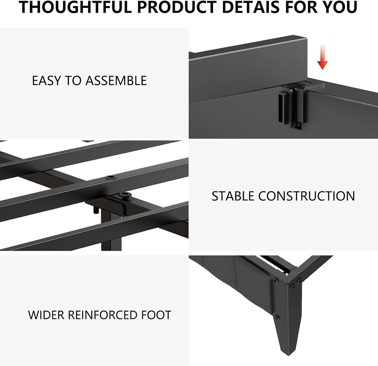Queen Bed Frame, Storage Headboard with USB Ports & Charging Station, No Box Spring Needed, Noise-Free, Heavy Duty Metal Frame Support, Easy Assembly EasyCom