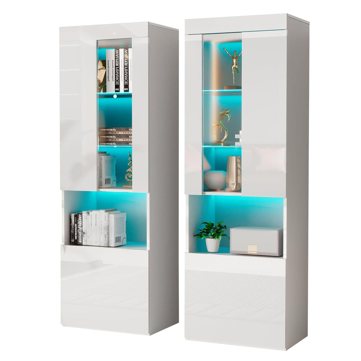AMERLIFE Modern 71in Tall LED Bookcase Storage Cabinet with Glass Doors - Set of 2 in White AMERLIFE