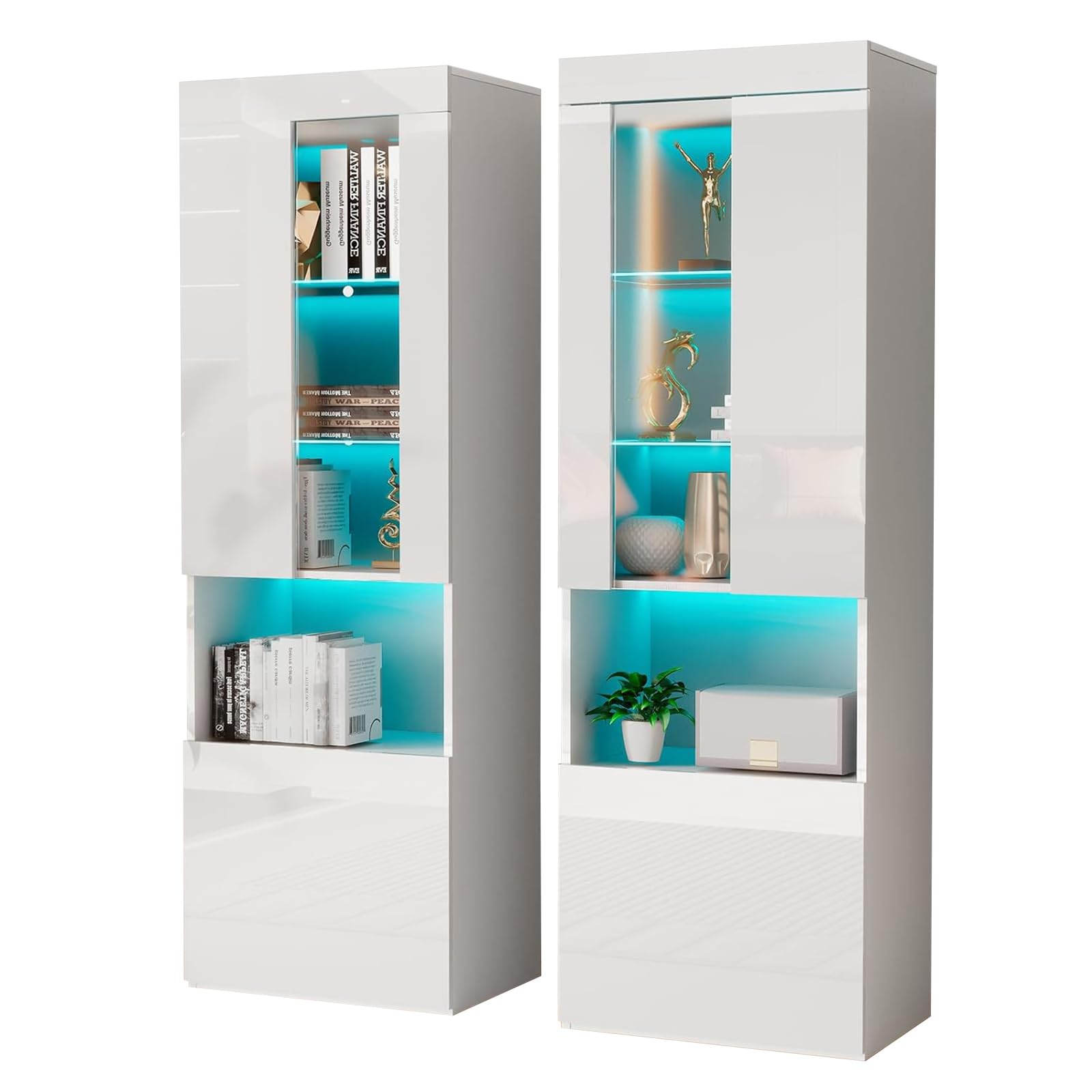 AMERLIFE Modern 71in Tall LED Bookcase Storage Cabinet with Glass Doors - Set of 2 in White - WoodArtSupply