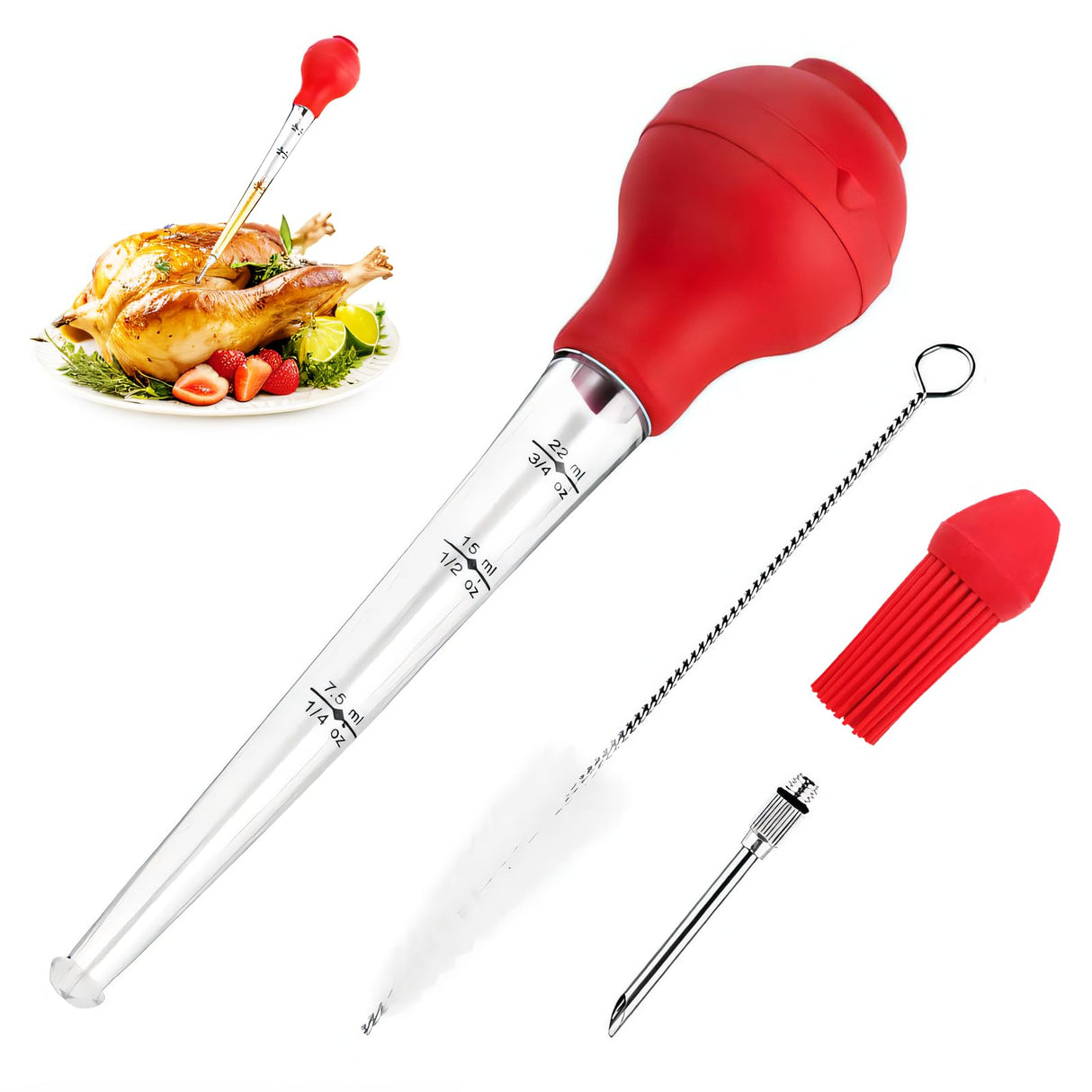 Turkey Baster, Baster Tool for Cooking-Baster Syringe for Home Baking, Turkey Baster and Injector Set with Detachable Silicone Bulb, Meat Marinade Injector Needles for Thanksgiving-Red ENNSOO