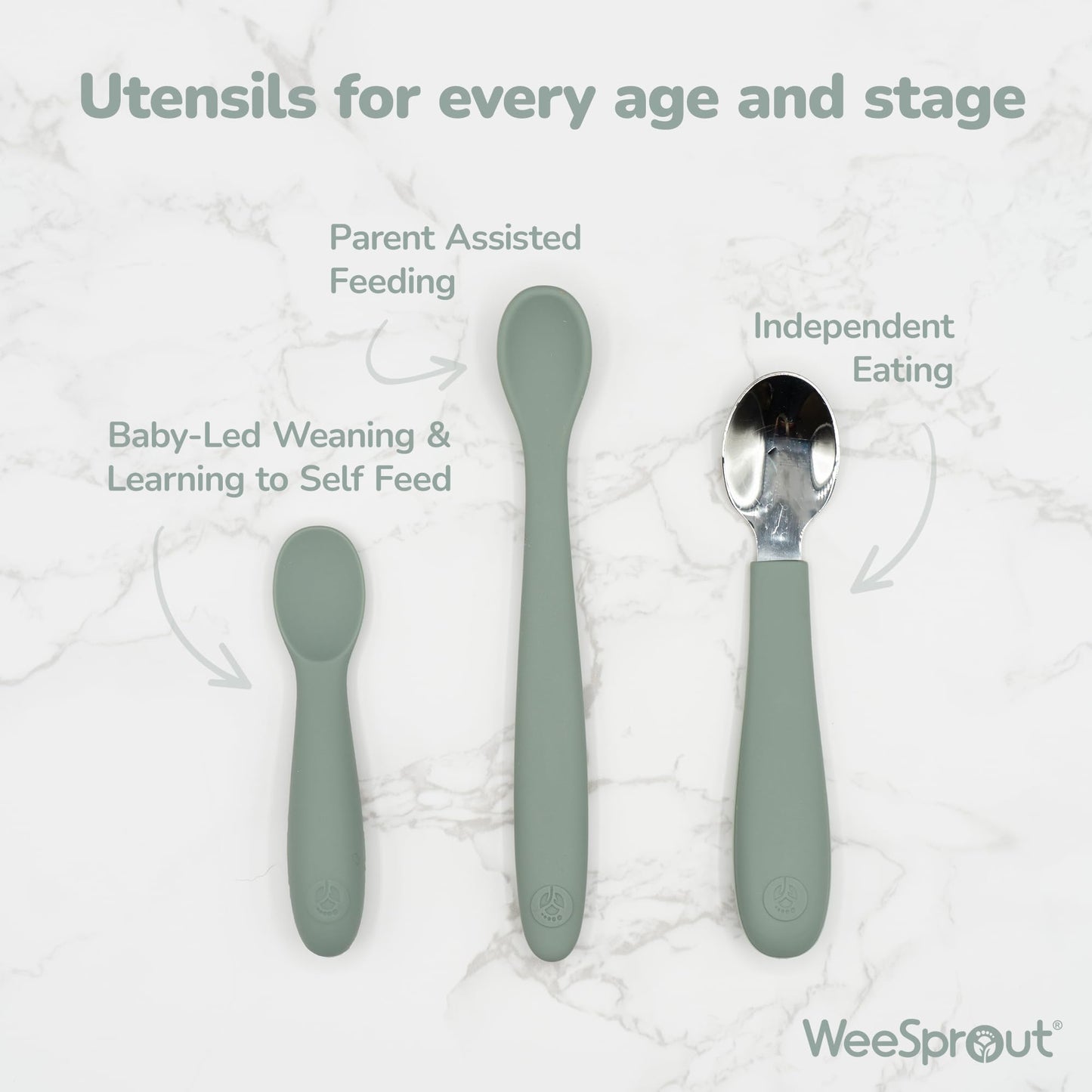 WeeSprout Baby Spoons for Self Feeding 6 Months +, Soft & Durable Silicone Utensils for Sensitive Gums & Teeth, Easy Grip Handles & Shorter Length for Little Hands, 3 Pack + Carrying Case