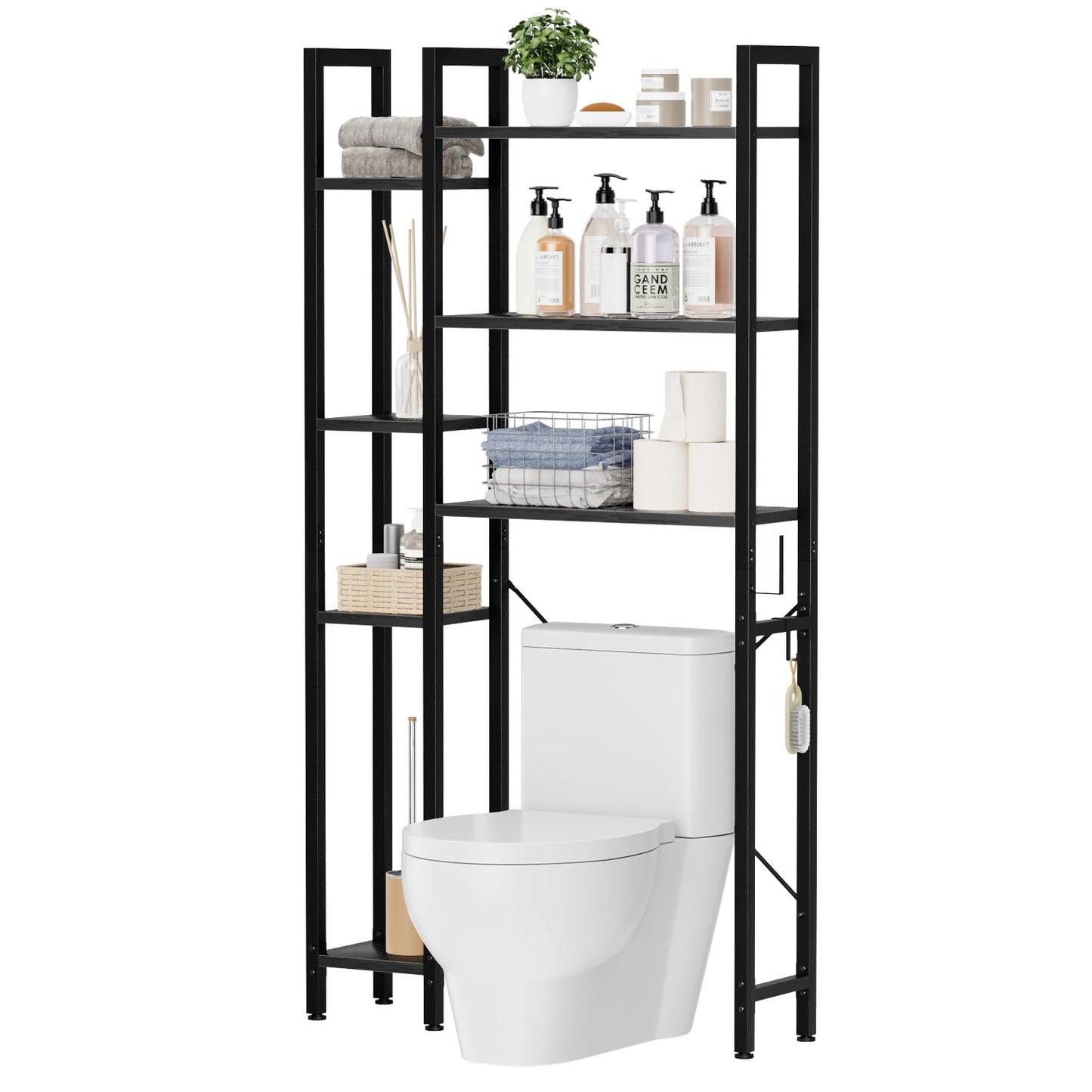 OTK Over The Toilet Storage with 7-Tier Bathroom Organizer Shelf, Freestanding Space Saver with Hooks & Adjustable Feet, Storage Rack for Bathroom, Restroom, Laundry, Black