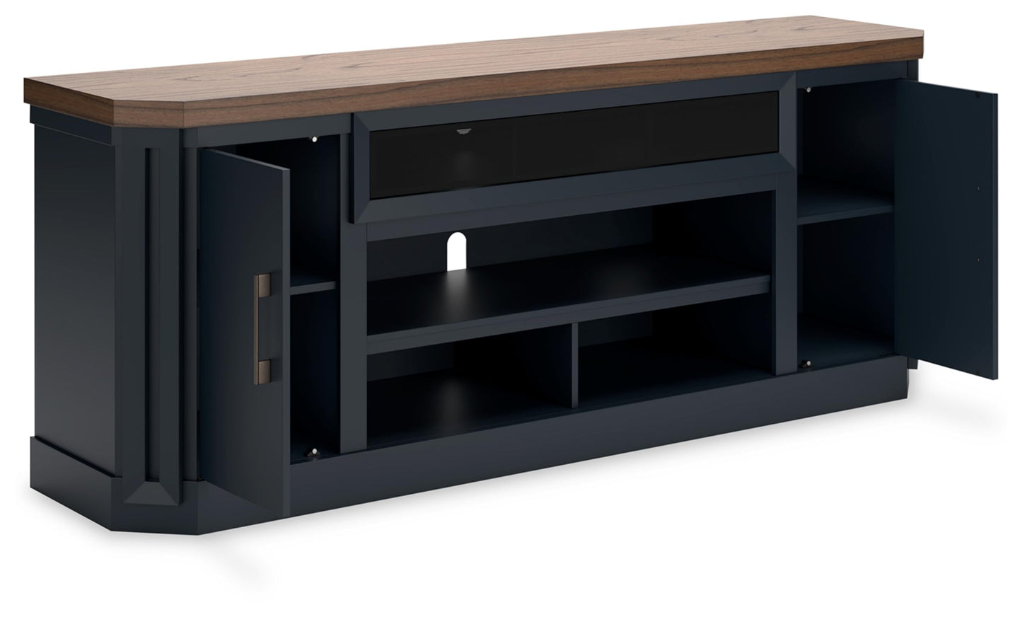 Signature Design by Ashley Landocken Contemporary 83" TV Stand for TVs up to 95" with Fireplace Option, 2 Cabinets, 2 Doors, 2 Adjustable Shelves, Open Cubbies and Cord Openings, Dark Brown & Blue