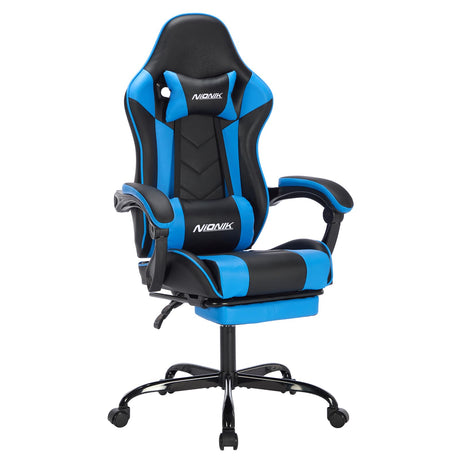 Gaming Chair with Footrest, Ergonomic Computer Chair with Headrest and Lumbar Support, PU Breathable Material Height Adjustable Video Game Chairs for Adults, BlackBlue NIONIK