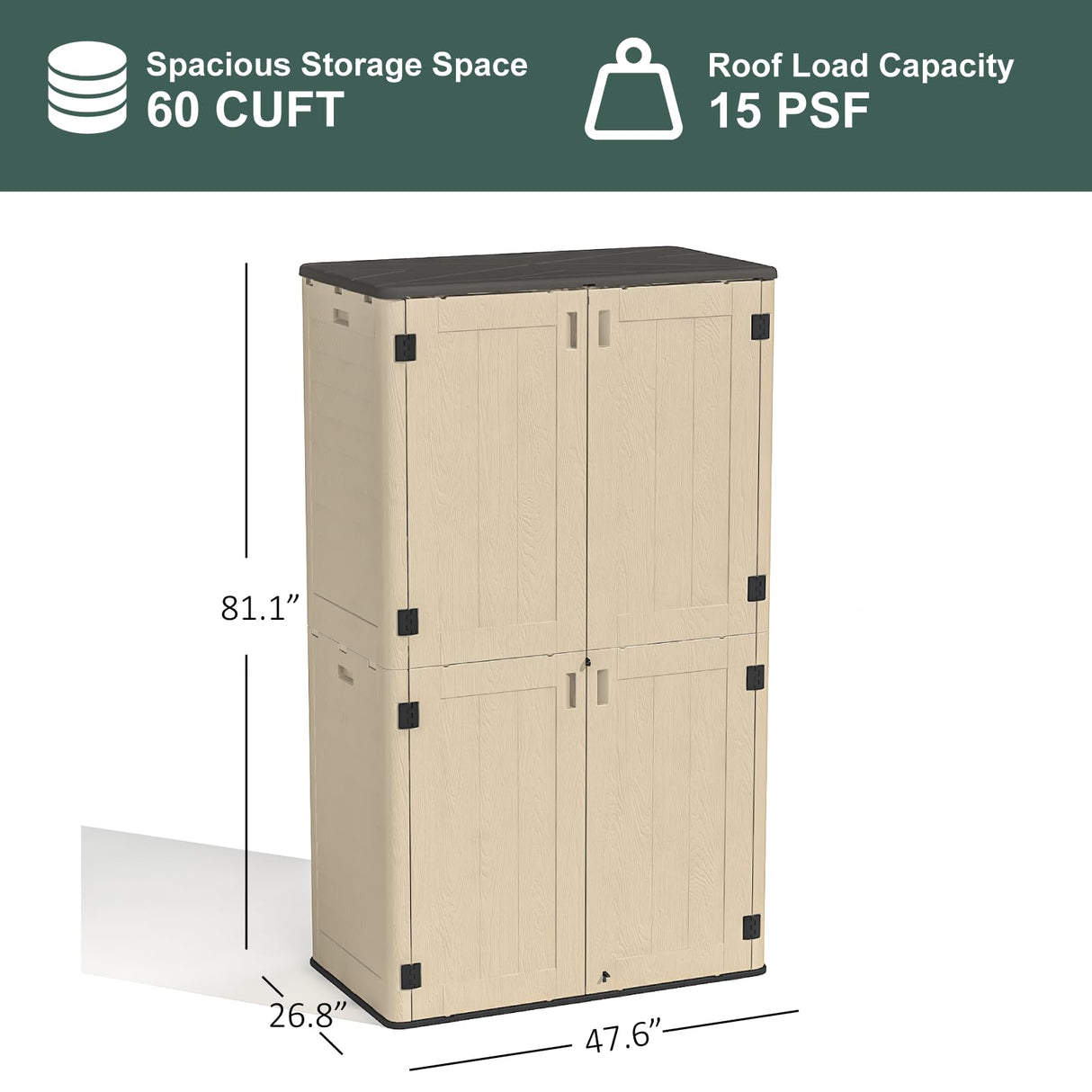 IWDOO 60 Cu.Ft Vertical Outdoor Storage Shed, All-Weather Resin Storage Cabinet Waterproof with Lockable Floor, Tall Backyard Shed for Patio Furniture, Garage, Garden, Pool Accessories, Porch (Khaki) IWDOO