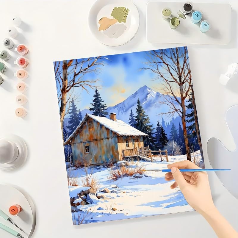 Winter Scene Paint by Numbers Kit for Adults - DIY Rustic Snowy Cabin and Pine Trees Painting on Canvas 16x20 Inches, Acrylic Paint Set, Suitable for Beginners, Art for Home Decoration or Gifts DecorFriday