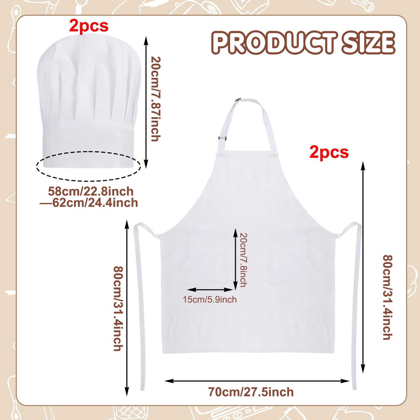 XLSXEXCL 2 Pack Chef Apron and Hat, Adjustable High Cooking Apron Waterproof Kitchen Baking Apron with Two Pockets and Elastic Chef's Hat Set for Women Men Father's Mother's Christmas Gift(White)