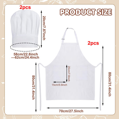 XLSXEXCL 2 Pack Chef Apron and Hat, Adjustable High Cooking Apron Waterproof Kitchen Baking Apron with Two Pockets and Elastic Chef's Hat Set for Women Men Father's Mother's Christmas Gift(White)