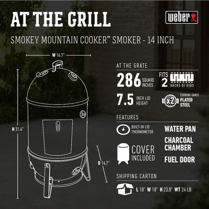 Weber 14.5 -inch Smokey Mountain Cooker, Charcoal Smoker,Black