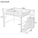 KEIKI Queen Size Loft Bed with Stairs & Storage Wardrobe, Kids Metal Bed Frame w/Safety House-shaped Guardrail, Space-saving Corner Beds w/Top Shelf for Teens, Easy Assembly Bedframe Queen-size, White KEIKI