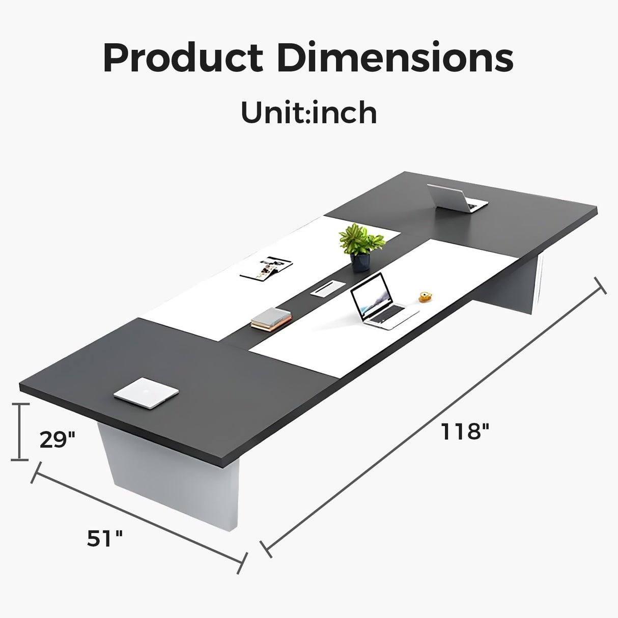 Anzhap 10FT Conference Table for 10 People – 118"L*51"W*29"H Large Rectangle Meeting Seminar Table with Cable Management, Thickened Desktop, Trapezoidal leg for Office Conference Room(White + Grey) Anzhap