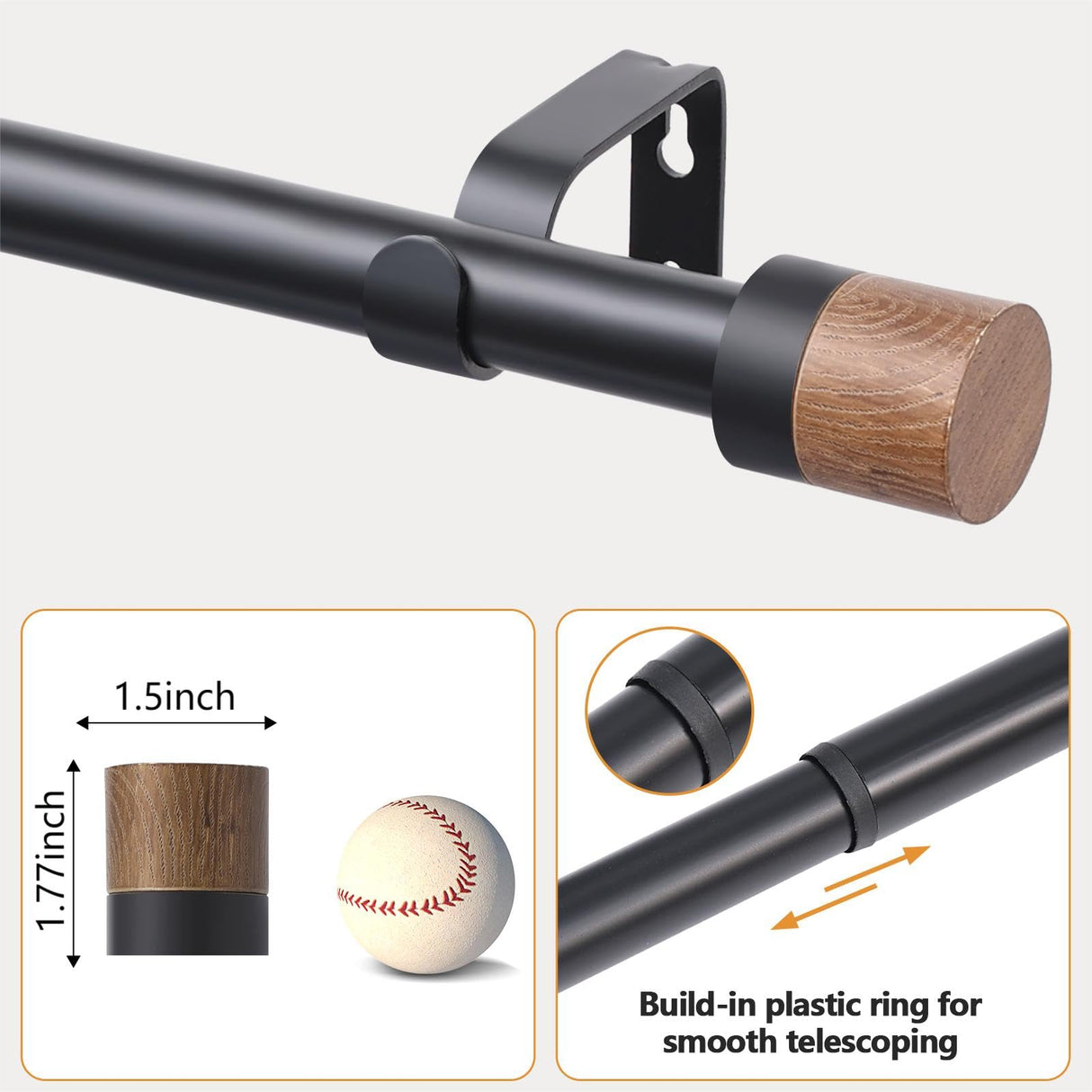 Wood Curtain Rods for Windows 48 to 84 Inches(4-7ft),1 inch Adjustable Window Curtain Rods with Imitation Wood Grain Finials,Heavy Duty Decorative Drapery Rod for Bedroom,Kitchen and patio QITERI