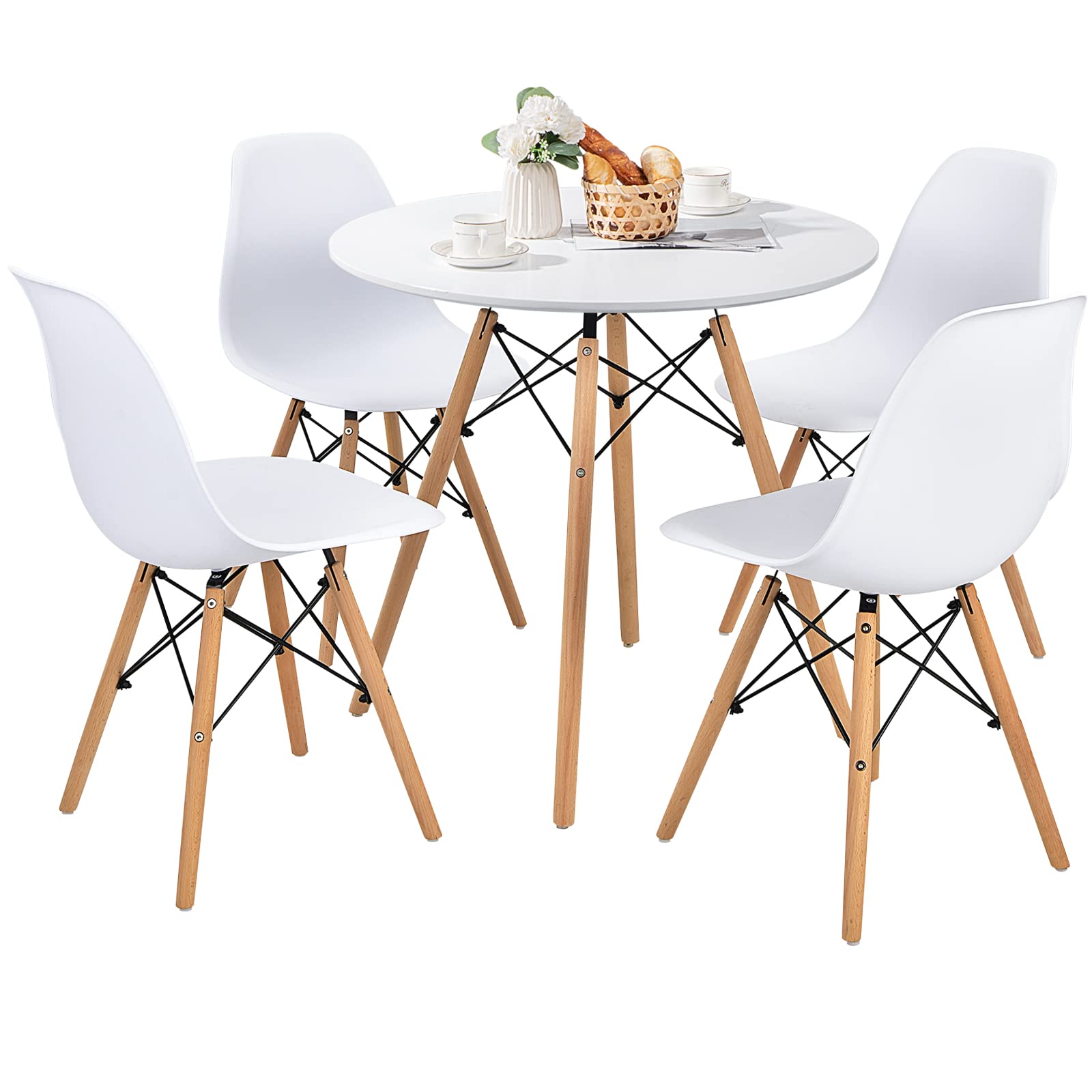 Giantex 5-Piece Dining Table Set, Modern Round 31.5" D Dining Table & 4 DSW Chairs W/Solid Wood Legs, Home Furniture Set for Small Spaces Dining Room Kitchen Restaurant, White - WoodArtSupply