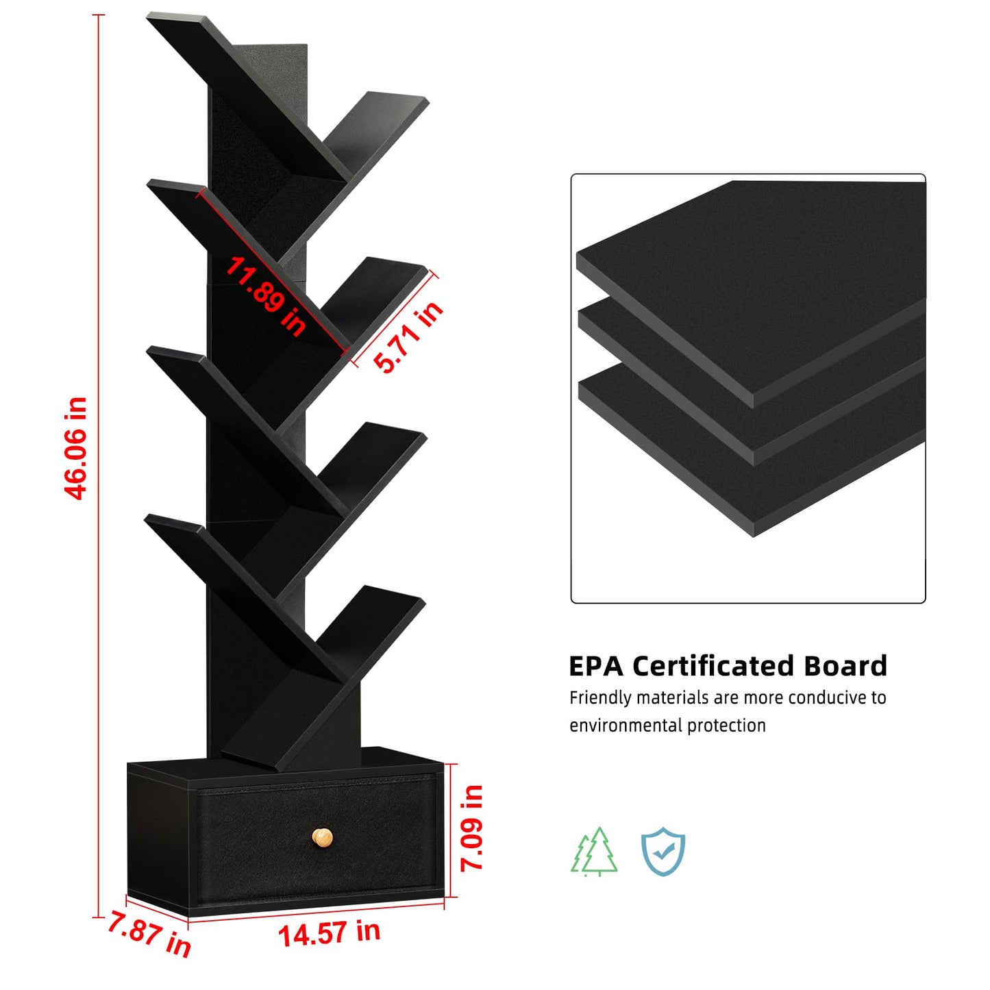 SHEEPAM 8-Tier Tree-Shaped Bookshelf with Drawer - Space-Saving Black Wood Bookcase for Home & Office - WoodArtSupply