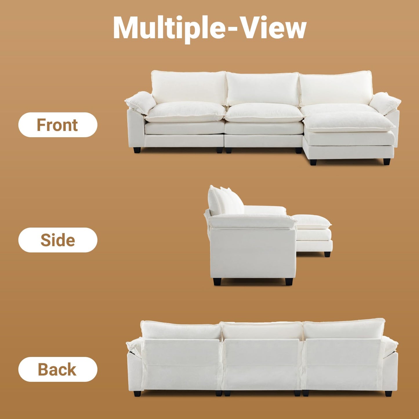 VINGLI 122" Cloud Double-Layer Deep Convertible Sectional Sofa, Comfy L-Shape 3-Seat Couches for Living Room, Modern Couch with Movable Ottoman for Small Space, White/Cream Chenille