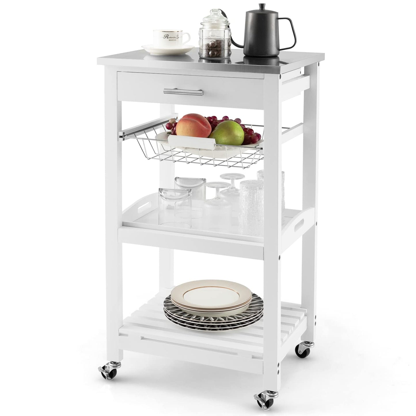 GOFLAME Kitchen Island Cart with Drawer, Rolling Kitchen Cart on Wheels with Stainless Steel Countertop, Metal Basket, Serving Tray, Lockable Casters, Utility Trolley Cart for Dining Room, White