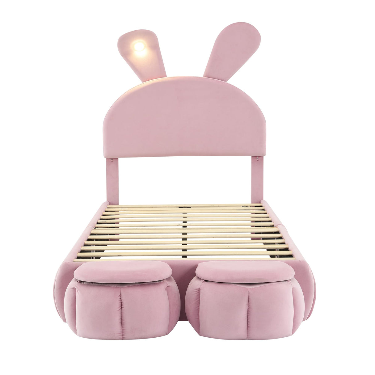 Merax Twin Size Upholstered Platform Bed with 2 Small Storage Stools Cartoon Ears Shaped Headboard and Light, Pink Merax
