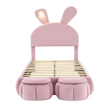 Merax Twin Size Upholstered Platform Bed with 2 Small Storage Stools Cartoon Ears Shaped Headboard and Light, Pink Merax
