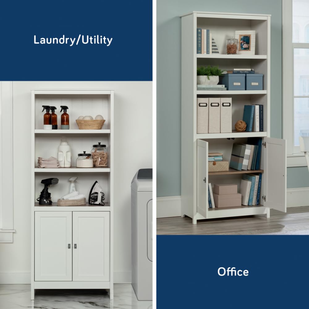 Sauder Cottage Road Book Shelf, Bookshelf with Storage, Library Bookcase with Doors and Adjustable Shelves, in Soft White Finish Sauder