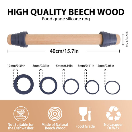 Adjustable Wood Rolling Pin with Thickness Rings for Baking -Non Stick Wooden Dough Roller Pin with Spacer Bands for Cookie,Pie Crust, Pastry Fondant and Bread By Folksy Super Kitchen (15.8, Grey) Folksy Super Kitchen