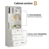 TUSY 71" H Bookshelf with Storage, 6-Tier Modern Bookshelves with 3 Large Drawer, Display Bookcase with Glass Doors, Modern 5-Tier Curio Cabinet for Home Office, Dining Room (White, AB) TUSY