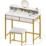 Seventable Vanity Desk Without Mirror, Makeup Vanity with Drawers and Charging Station, Small Desk with Storage for Bedroom, Simple Home Office Computer Desk for Small Spaces, White and Gold Leg Seventable