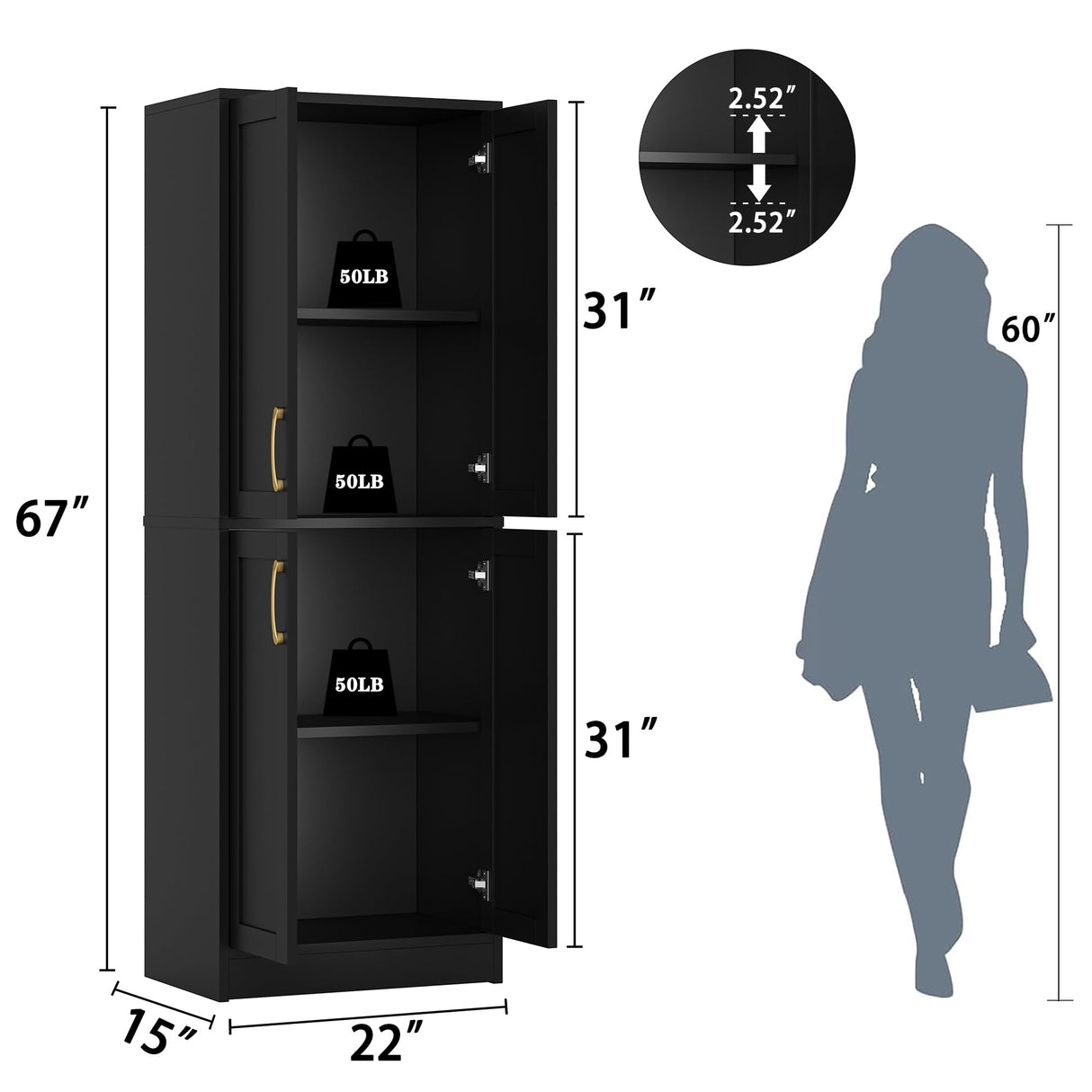 Homzbesy Pantry - Kitchen Pantry Cabinet with 4 Doors and Adjustable Shelves, Tall Black Cabinet Freestanding Storage Cupboard for Dining Room Living Room, Laundry, Bathroom Homzbesy