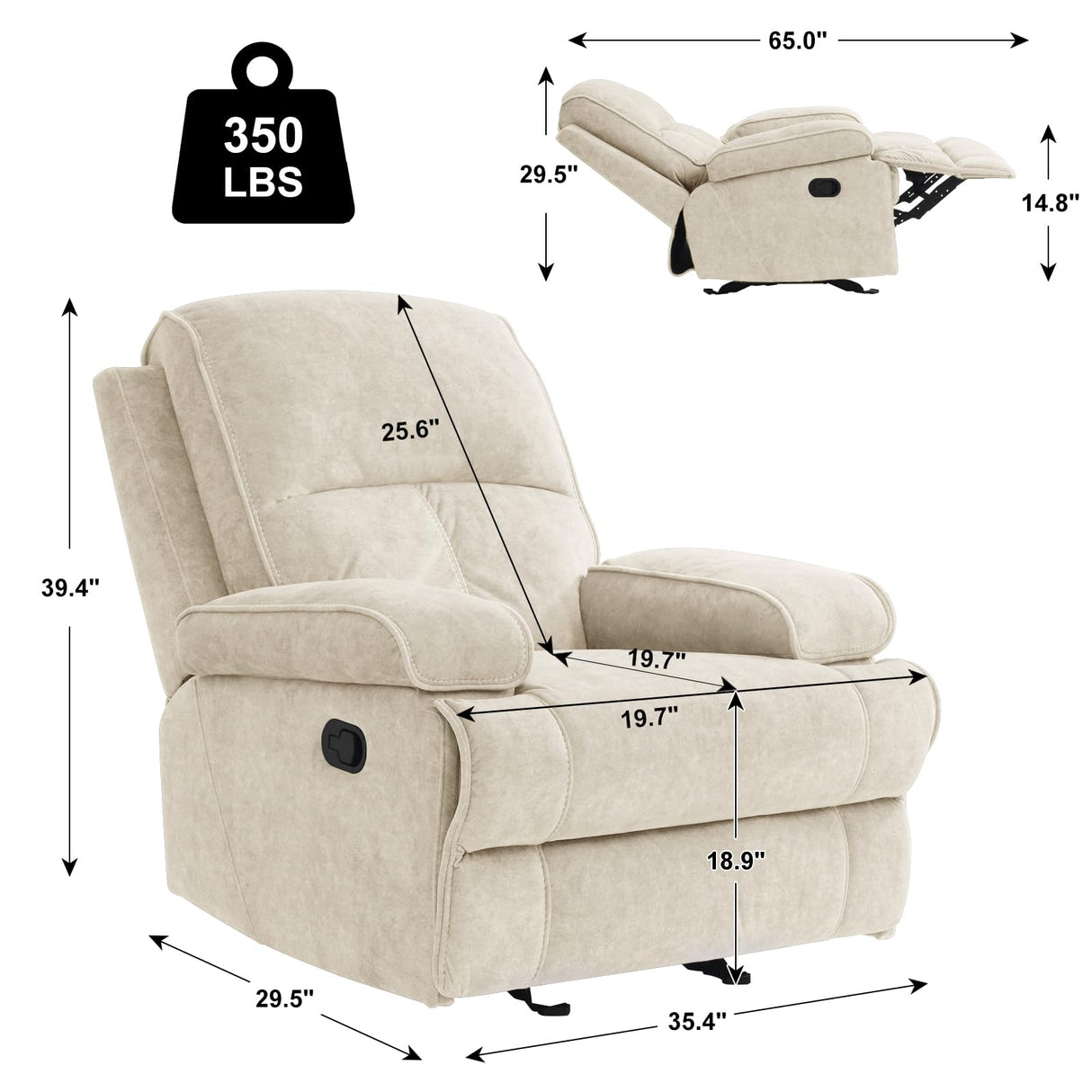 KeyEnergy Manual Rocker Recliner Chair for Adults, High Back Glider with Deep Seat, Upholstered Fabric Armchair for Living Room & Nursery, Beige KeyEnergy