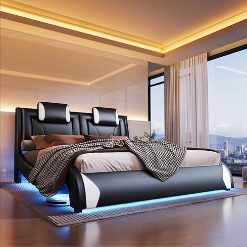 Jocisland LED Queen Bed Frame, Modern Faux Leather Upholstered Platform Bed Frames with Headrest Headboard, Low Profile Bed with Wave-Like Curve Design, No Box Spring Needed, Easy Assembly, Black Jocisland