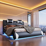 Jocisland LED Queen Bed Frame, Modern Faux Leather Upholstered Platform Bed Frames with Headrest Headboard, Low Profile Bed with Wave-Like Curve Design, No Box Spring Needed, Easy Assembly, Black Jocisland