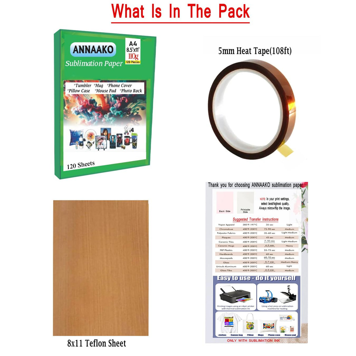 Sublimation Paper 120 Sheets 8.5 x 11 Inches for Any Inkjet Printer with Sublimation Ink Epson, Sawgrass, Heat Transfer Sublimation for Mugs T-shirts Light Fabric(FREE 1 Roll Heat Tape) Annaako