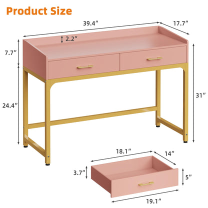 WESTREE Computer Gaming Desk Office - Study Writing Desk with Drawer for Teen, Bedroom Makeup Desk Home Office with Storage Shelf, Height Monitor Stand, Pink