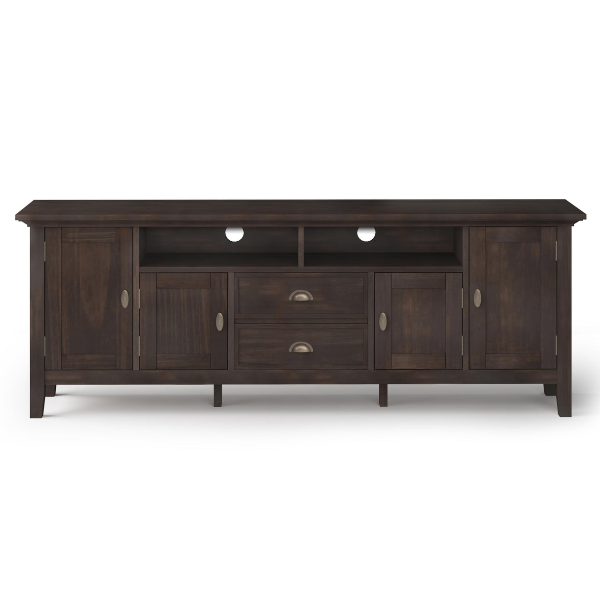 SIMPLIHOME Redmond SOLID WOOD Universal TV Media Stand, 72 Inch Wide, Transitional, for Flat Screen TVs up to 80 Inch in Brunette Brown SIMPLIHOME