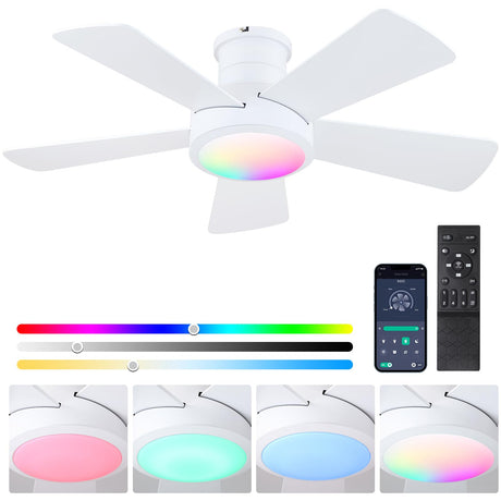 Ceiling Fans with RGB LED Lights, Modern Low Profile Ceiling Fan with Light and Remote Control,5 Dual-Sided Blades,Reversible DC Motor, 40" White RGB Flush Mount Ceiling Fan Lights for Bedroom kidroom Hounberi