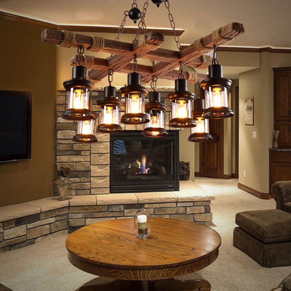 A Million 8 Lights Industrial Retro Wooden Chandelier Pendant Light Island Hanging Ceiling Fixture Vintage Farmhouse Wood Light Adjustable Chain for Home Cafe Bar Restaurant (39.4") A Million