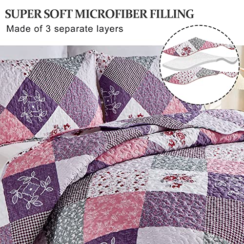Dinjoy Purple Quilt Set Queen Size, Reversible Floral Plaid Patchwork Pattern Bedding Set Soft Microfiber Lightweight Bedspread Coverlet 3 Piece Spring Summer Use (90x90 inches) Dinjoy
