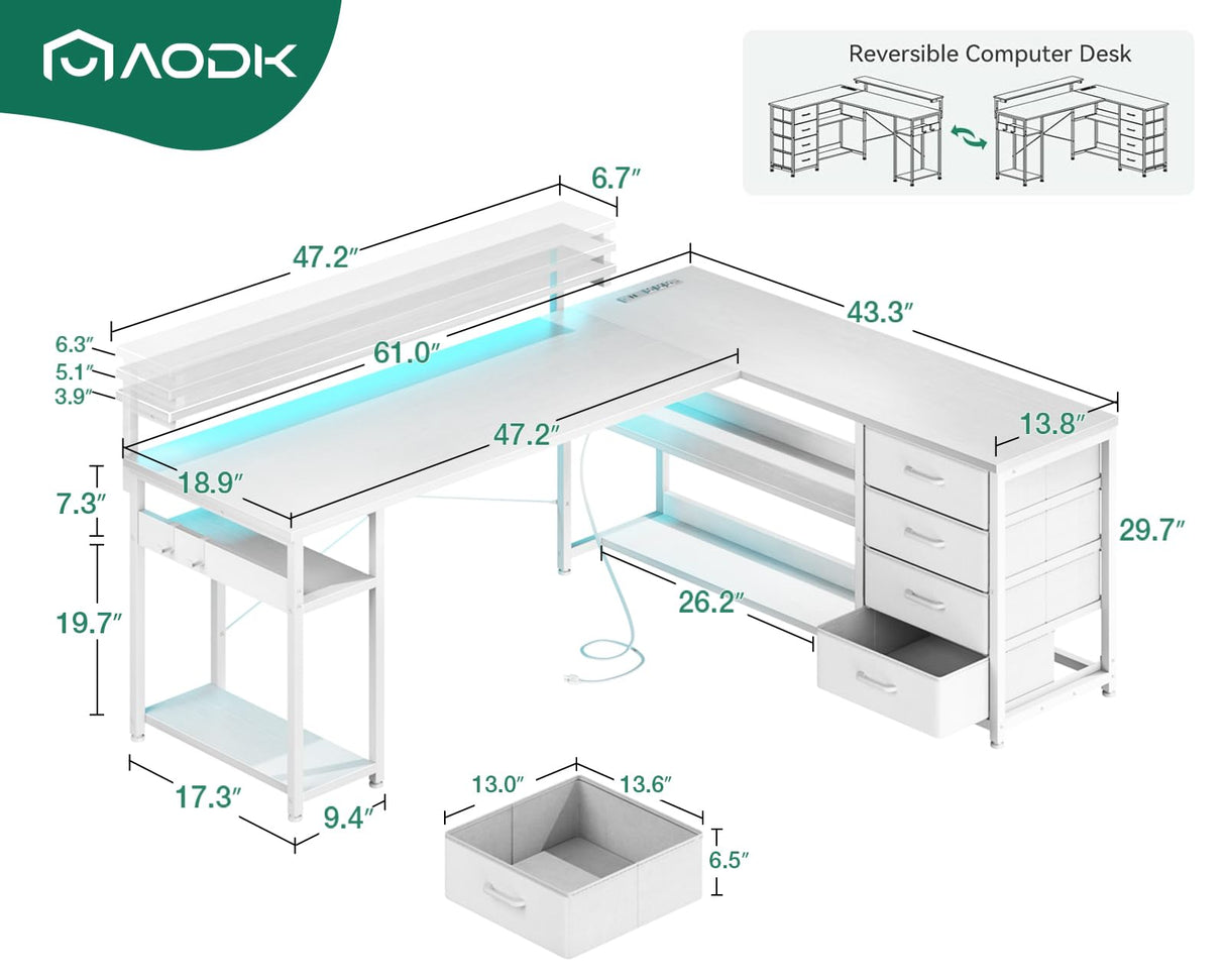 AODK 61" L Shaped Desk with Drawer, Computer Desk with Power Outlets & LED Lights, Reversible Corner Gaming Desk for Home Office Workstation, Office Desk with Monitor Shelf, Pure White AODK