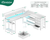 AODK 61" L Shaped Desk with Drawer, Computer Desk with Power Outlets & LED Lights, Reversible Corner Gaming Desk for Home Office Workstation, Office Desk with Monitor Shelf, Pure White AODK