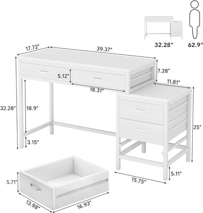 Tribesigns Computer Desk with 5 Drawers, Home Office Desks with Reversible Drawer Cabinet Printer Stand, Industrial PC Desk with Storage, White Study Writing Table Workstation for Small Space - WoodArtSupply