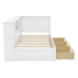MKABAK Twin Daybed with L-Shaped Bookcase Headboard and Storage Drawers, Wood Corner Bed with Led Downlight, Charging Station and Shelves for Kids Boys Girls, White MKABAK