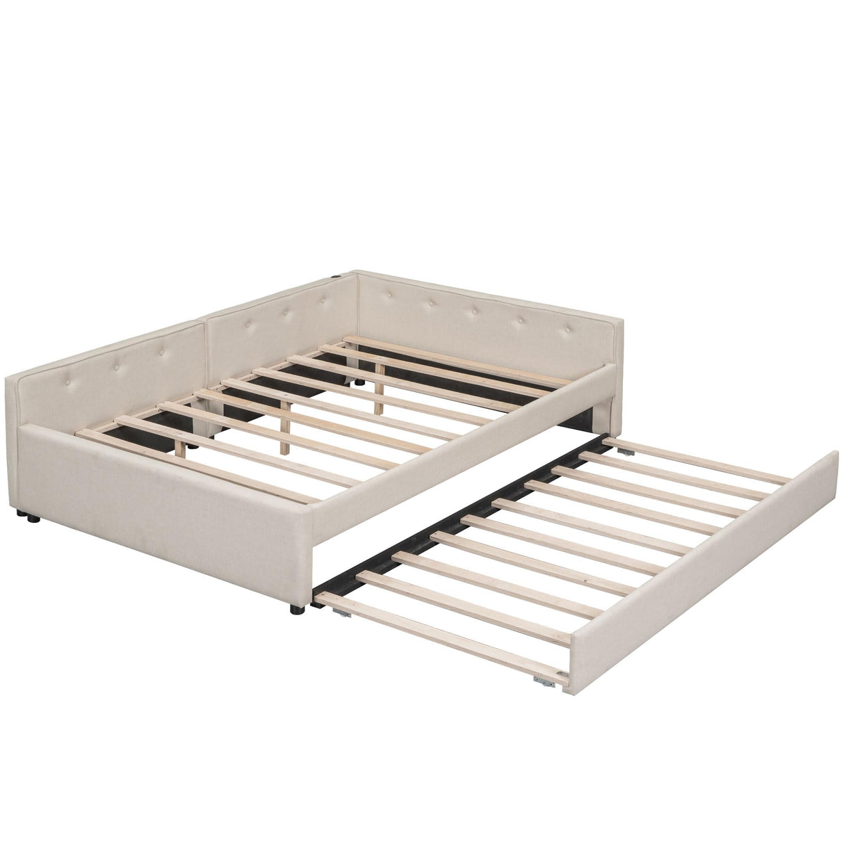 KT Rolster Full Size Daybed with Storage and USB, Modern Cloud Bed Frame with Twin Size Trundle, Linen Upholstered Platform Bed, Full Corner Daybed for Living Room, No Box Spring Required, Beige KT Rolster